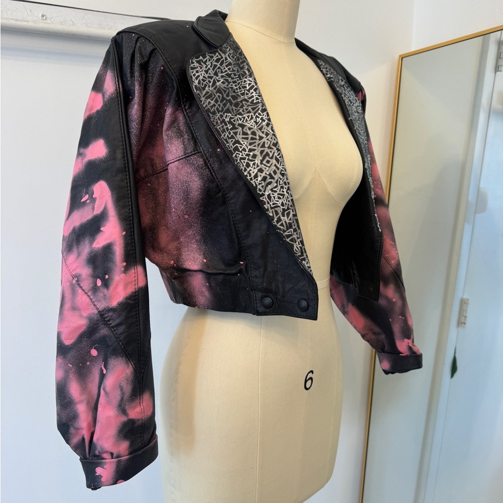 Vintage Brooklyn Cropped Black Leather Jacket Pink Spray Paint Moto Bolero